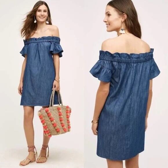 Corey Lynn Calter Anthropologie Denim Chambray Off Shoulder Ruffle Dress XS Blue - Picture 2 of 10